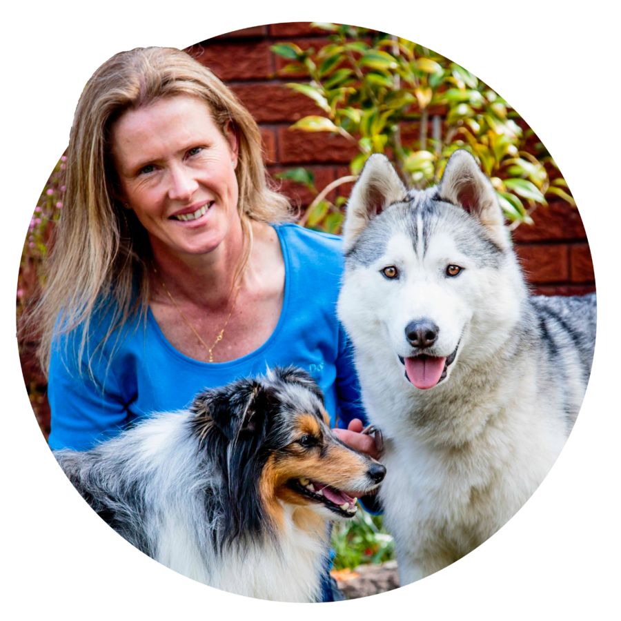 Image of Louise Ginman with her dogs Finley the SHetland Sheepdog and Dekara the Siberian Husky - headshot in circle